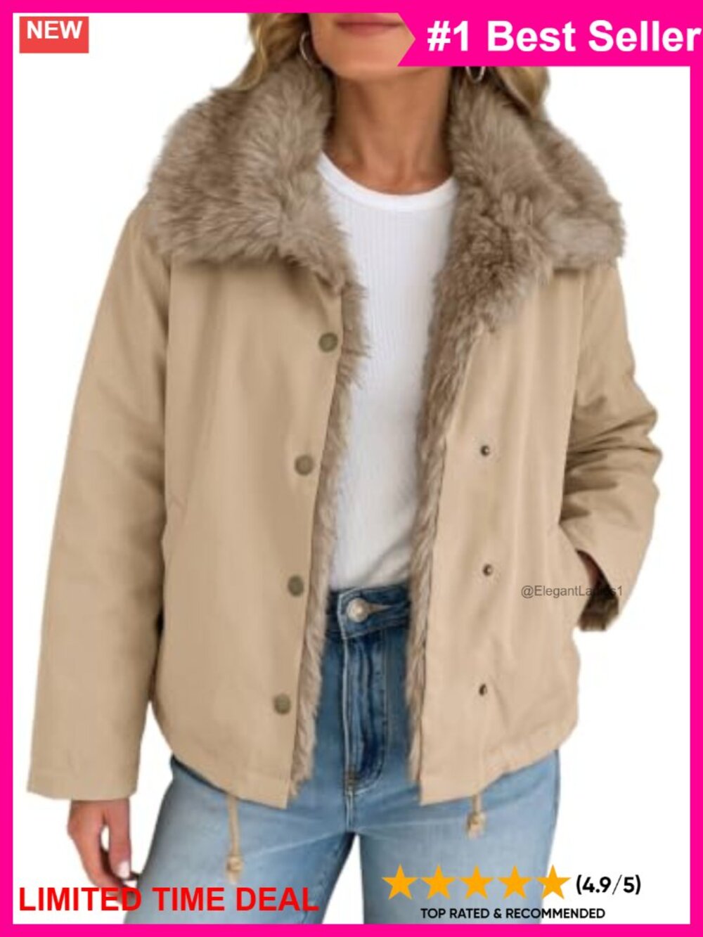 Faux Fur Collar Chunky Warm Winter Puffer Coat Button Up Casual Jacket